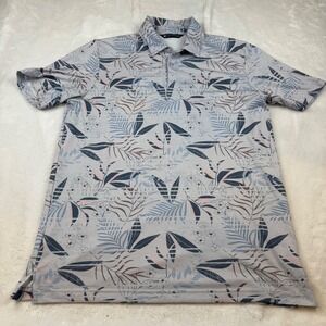 TravisMathew Mens Large Tropical Palm Leaf Floral Polo Shirt Grey Blue Pink L